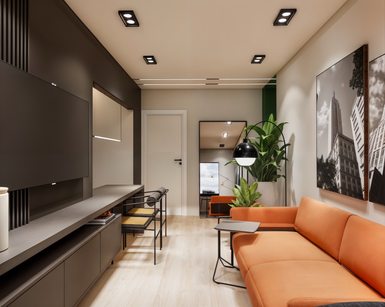 Quarto minimalista com tons neutros
